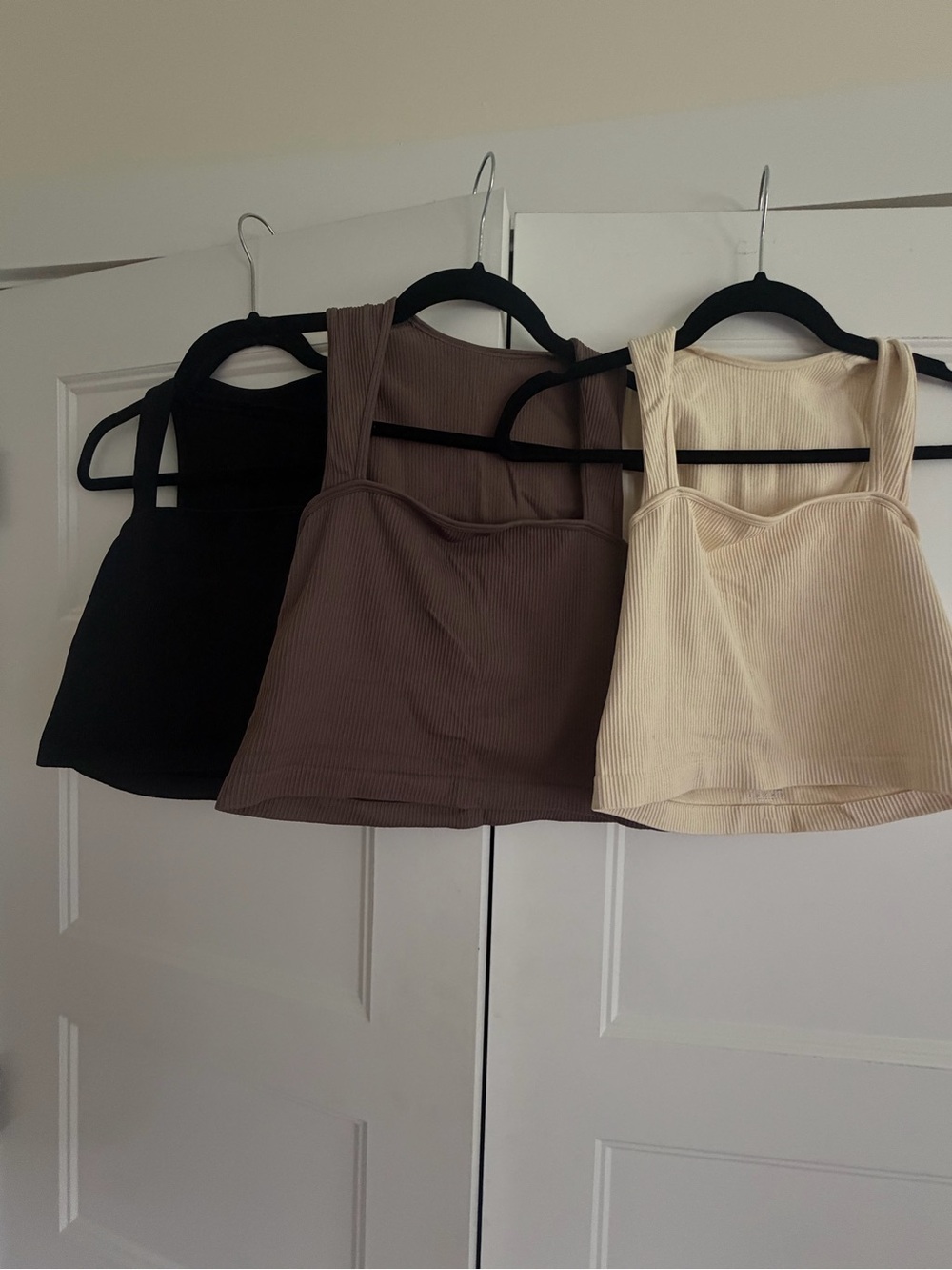 Ribbed Square-Neck Tank Top — Black, Brown, Cream
